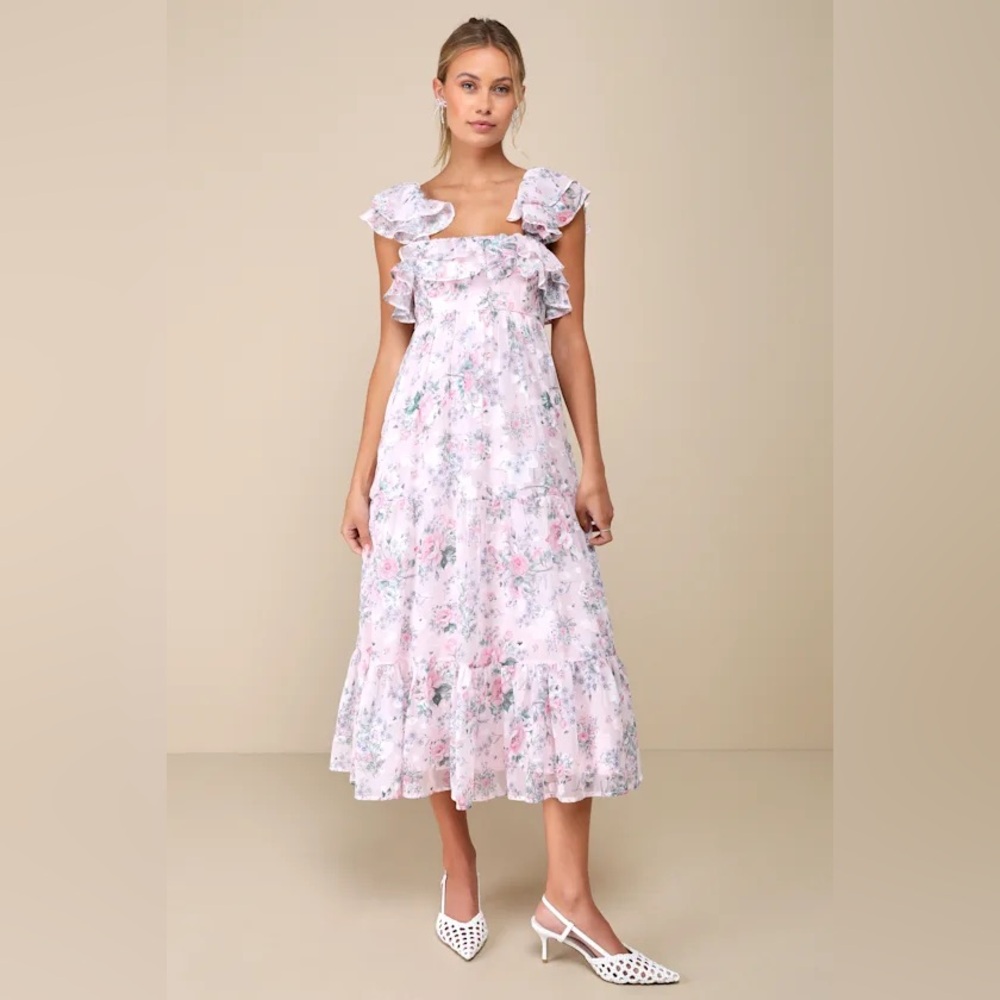 Lulu’s Genuine Sweetness Light Pink Floral Jacquard Lace-Up Midi Dress